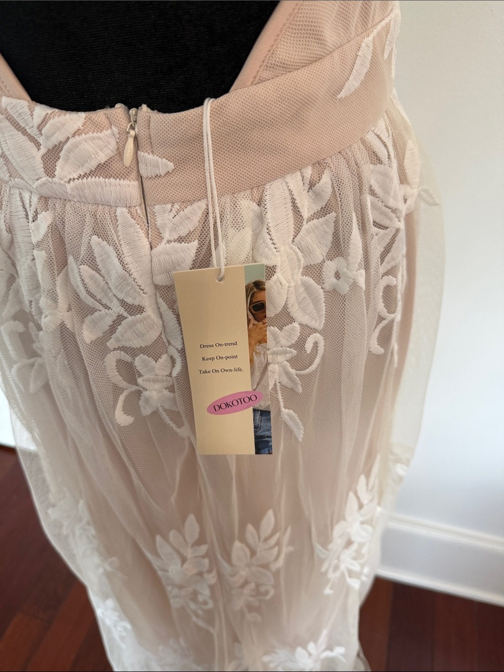 Nude Halter Maxi Dress with White Floral Lace - Picture 2 of 4